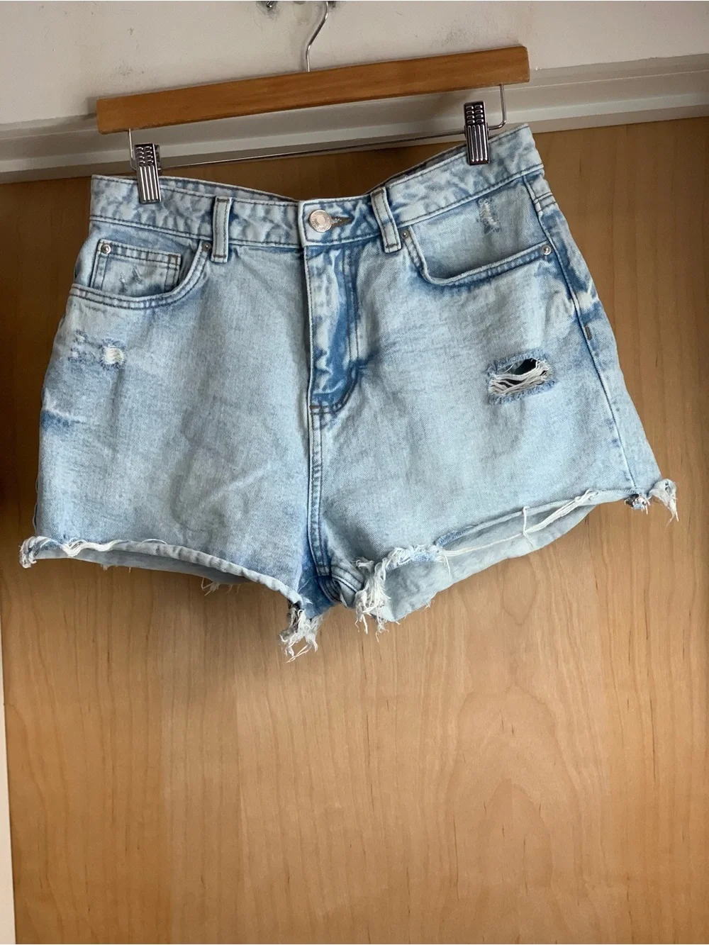 Primark Light Wash Distressed High-Rise Denim Shorts Size -8 Scandi Casual